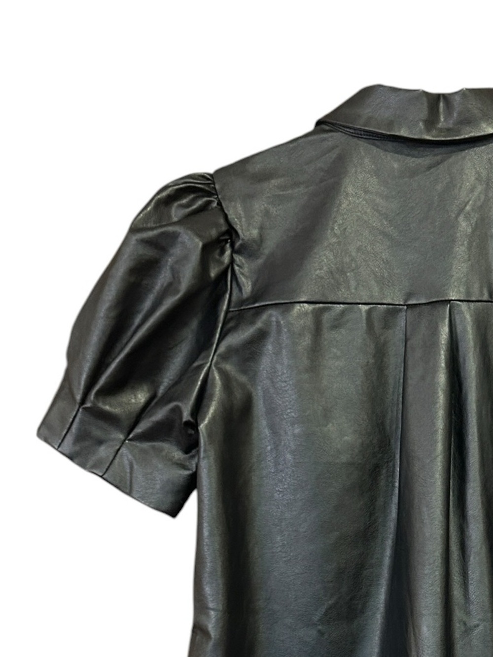 Aureum Black Faux Leather Puff Sleeve Mini Shirt Dress Size Medium - Picture 8 of 11